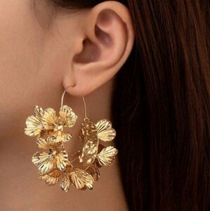 NEW! 14K Gold Plated Classy Elegant Multi Floral Dangling Large Hoop Earrings
